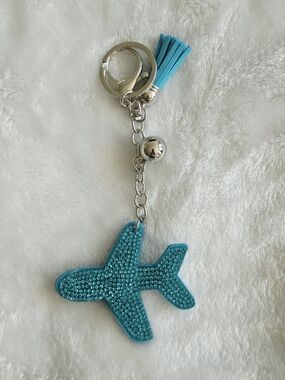 Turquoise Blur Rhinestone Airplane Keychain Bling Bag Charm
